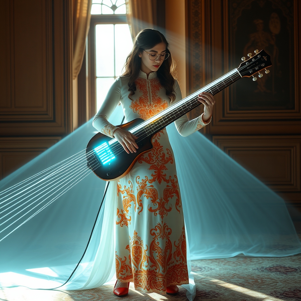 یک ساز موسیقی آینده‌نگر با رشته‌های هولوگرافیک درخشان، در حال نواختن توسط خانم با لباس طرحی از فرش ایرانی نارنجی  و چهره کاملا شرقی و موهایی بلند و فر ریز و با عینک گرد و کفش های قرمز و آفتاب از روی پنجره به داخل اتاق امده21