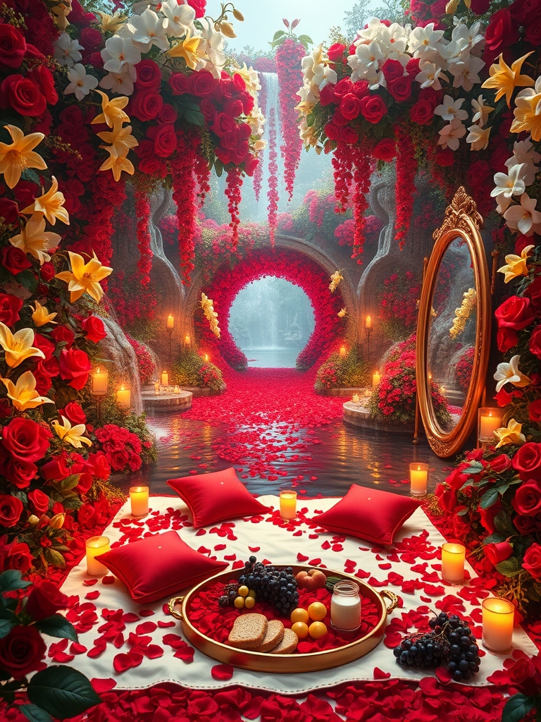 باغ بزرگ و افسانه ای پر گل سرخ لی لی یم زرد و سفید و اطلسی و شب بو
دورادور آبشارها روان به داخل برکه می ریزند وسط برکه زیر تونل افراشته از گل سرخ  و تونل روشن از هزاران شمع 
یک تشک گرم و نرم سفید با کوسن های قرمز پر شده با گلبرگ های سرخ دیده می شود
و سینی گرد و طلایی پر نان کره خامه عسل میوه و شیر و شیر برنج خوشه انگور سرخ سیاه زرد نزدیک تشک ست و
یک آینه تمام قد بلند از طلا کمی دورتر ایستاده0