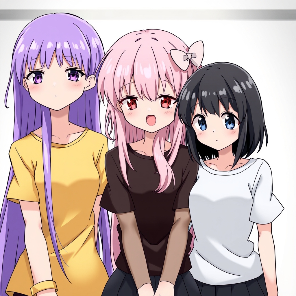  دختری با موهایی  بنفش و بسیار بلند در وسط دختری با موهایی صورتی و بند و دختری دیگر با موهایی سیاه و کوتاه در کنار آنها همه صورتشان معلوم است6