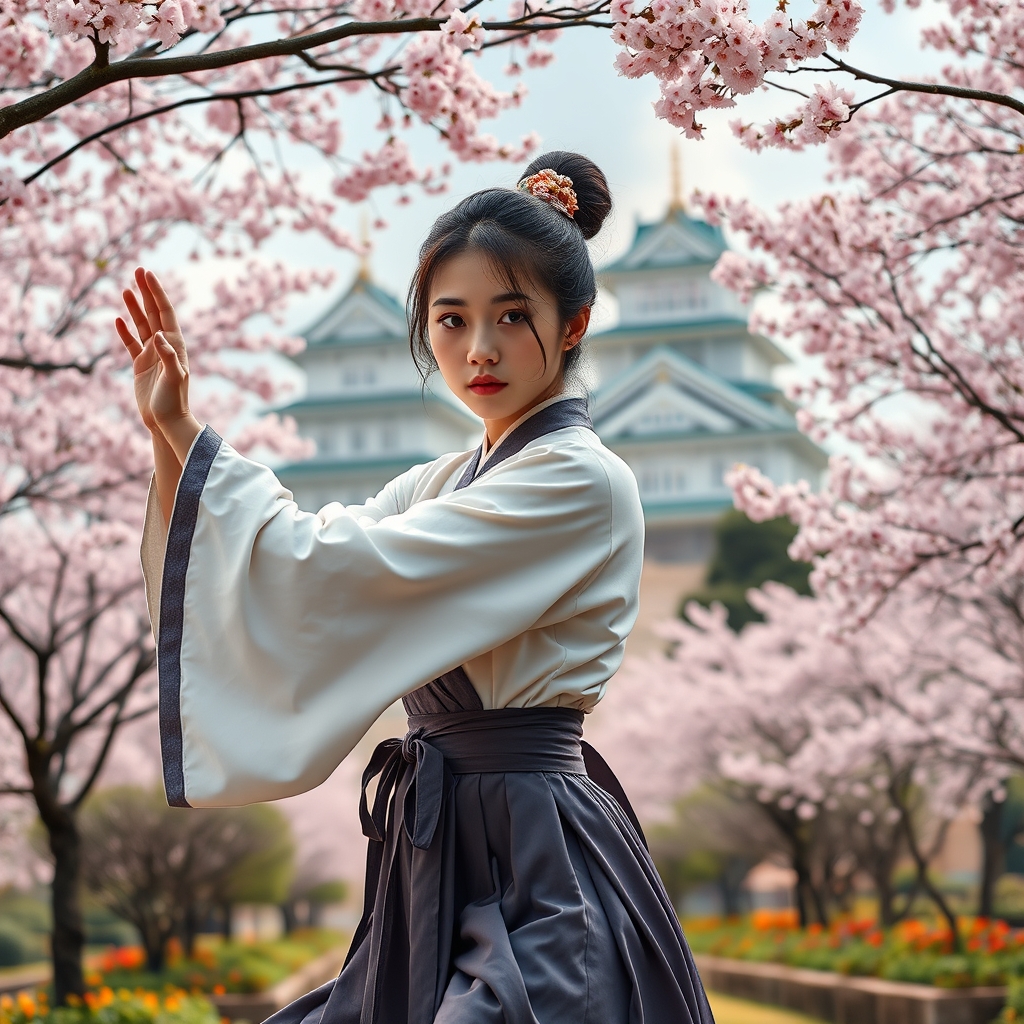 نوجوان زیباروی با لباس ژاپنی رویایی و مدل موی ژاپنی با آرایش زیبا در حال تمرین کنفو در باغی مانند بهشت با شکوفه های گیلاس و قصری بزرگ و ژاپنی2