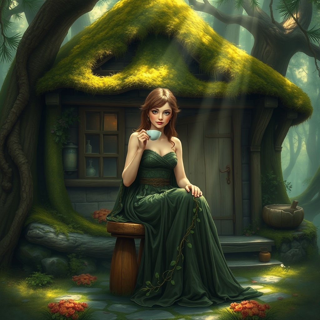 یک دختر  توی جنگل جلوی یک کلبه نشسته و چای می خوره 0