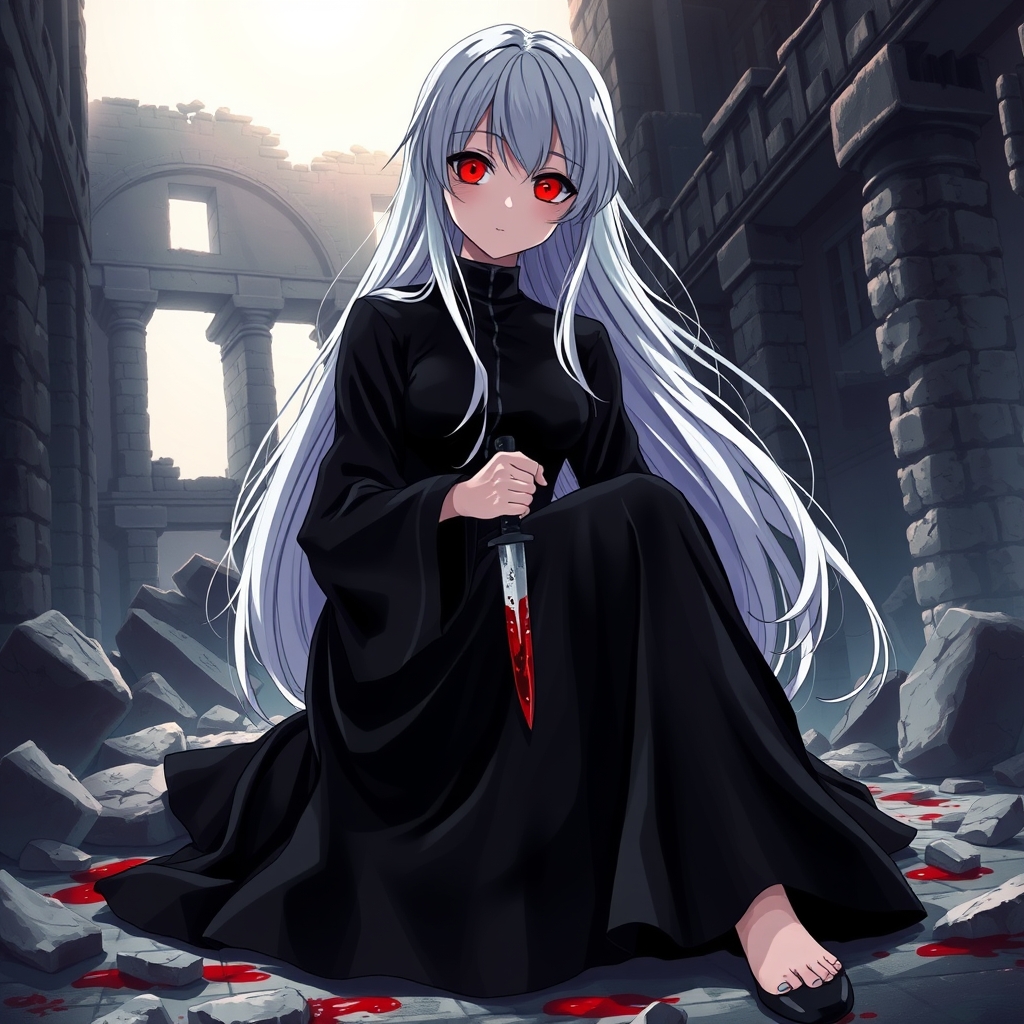 دختری با لباس سیاه و موهای بلند سفید و چشمان قرمز درخشان در خرابه ای نشسته و در دستش چاقویی خونی است15