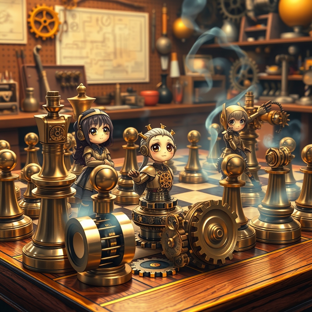 یک صفحه شطرنج به سبک استیم‌پانک با مهره‌هایی به شکل چرخ‌دنده‌ها.10