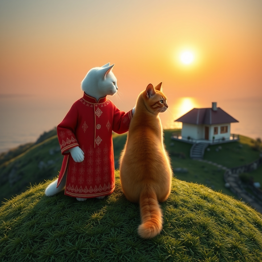 گربه ی سفید زیبایی به سبک سه بعدی لباس سنتی قرمز با سنتی ایرانی پوشیده و روی تپه ی زیبای شمال اشت و کنارش گربه زیبا نارنجی نشسته که همان لباس را به تن دارد خورشید در حال غروب است روی تپه سبز زیبای گربه ها خانه ای با  سقف شروانی قرار دارد که گربه ها روی تراس آن خانه  هستند و کمی آن طرف تر از تپه دریا را تماشا می کنند و دستشان را روی شانه هم انداخته اند       عکس خوشکل باشد لطفا 1