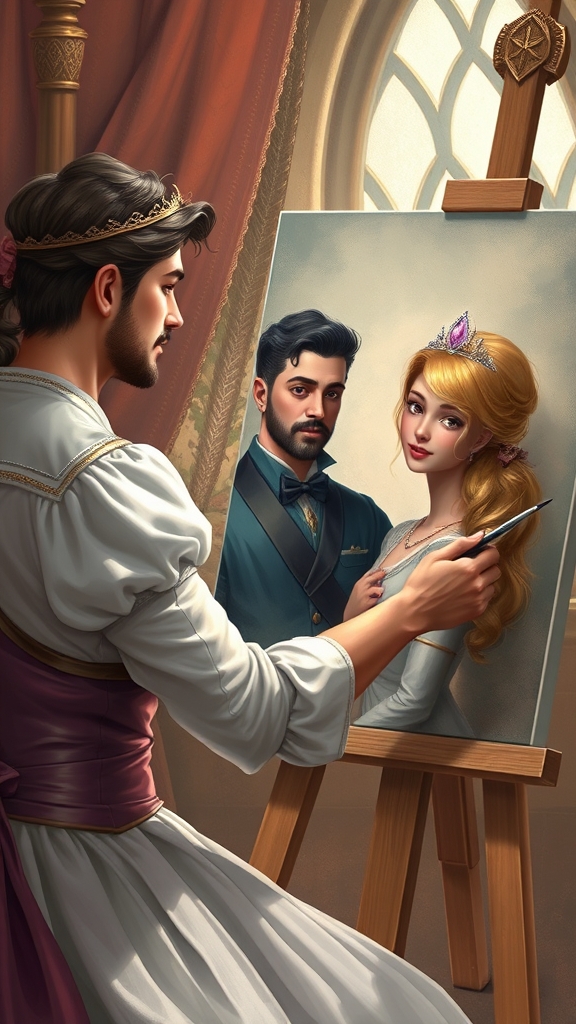 یک شازاده خانم که داره عکس شوهرشو رو بوم نقاشی میکشه و همسرش با عشق اونو نگاه میکنه 
5