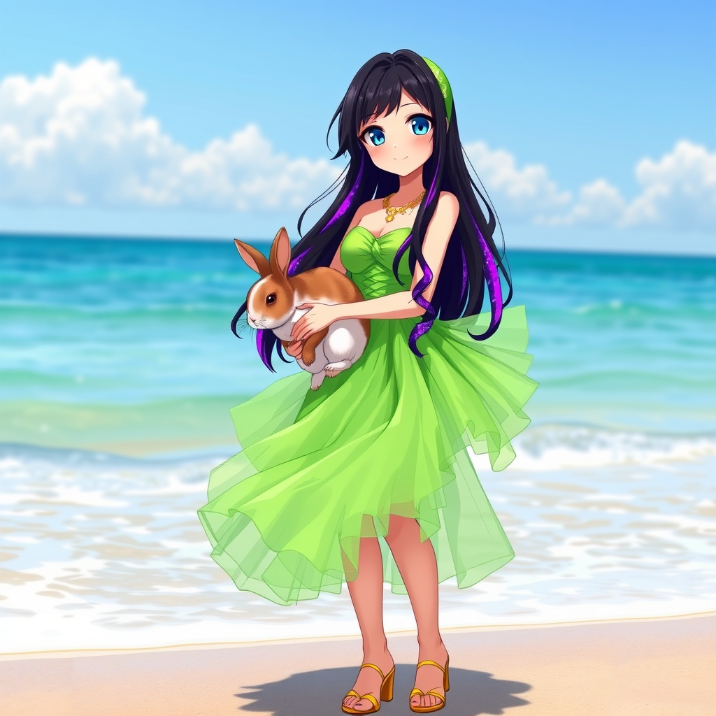 دختر با موهای بلند مشکی با رگه های بنفش کهکشانی با چشم هایی به رنگ ابی پررنگ و یک صورت روشن با یک لباس ساحلی به رنگ سبز پولداری با تور هایی که به لباس وصل است به رنگ سبز ادامسی و دمپایی های لا انگشت به رنگ زرد که پاشنه دار است در کنار ساحل با یک عروس هلندی نر در دستش
دختر پولدار باشه 19