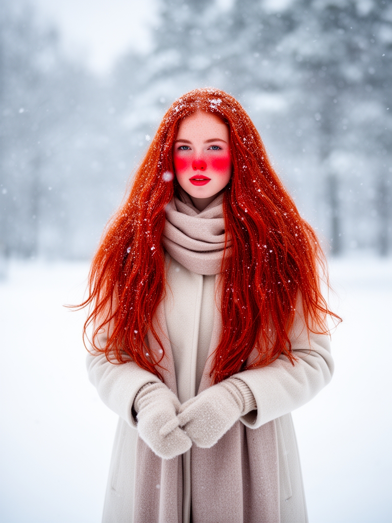 یک دختر زیبا با موهای قرمز گونه ها و نوک دماغم از سردی زمستون قرمز شدن و دانه های برف موهای قرمزش را زیبا کرده1