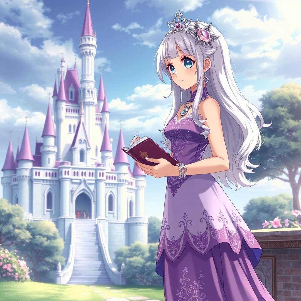 یک دختر ۱۸ ساله با موهای سفید که پایینش به رنگ یاسی است و چشمانش آبی است و لباسی بنفش سلطنتی و خاص با جواهرات زیبا و کفش بلوری به رنگ یاسی است و گوشواره و گردنبند و دستبند زیبایی دارد و در حال تماشای قلعه زیبای یاسی و سفید است و کتابی در دست دارد16