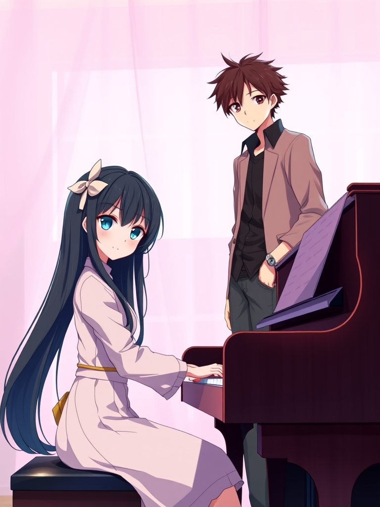 دختری موهایی بلند به رنگ مشکی داشت و چشمهای فیروزهای دارد و نشسته و پیانو 🎹 میزنه پسری تقریباً قد بلند و خوش تیپی بغل پیانو ایستاده بود. پرده ای نسبتاً نازک به رنگ صورتی نزدیک سفید در حال حرکت بود و پسر پشت پرده ایستاده بود18