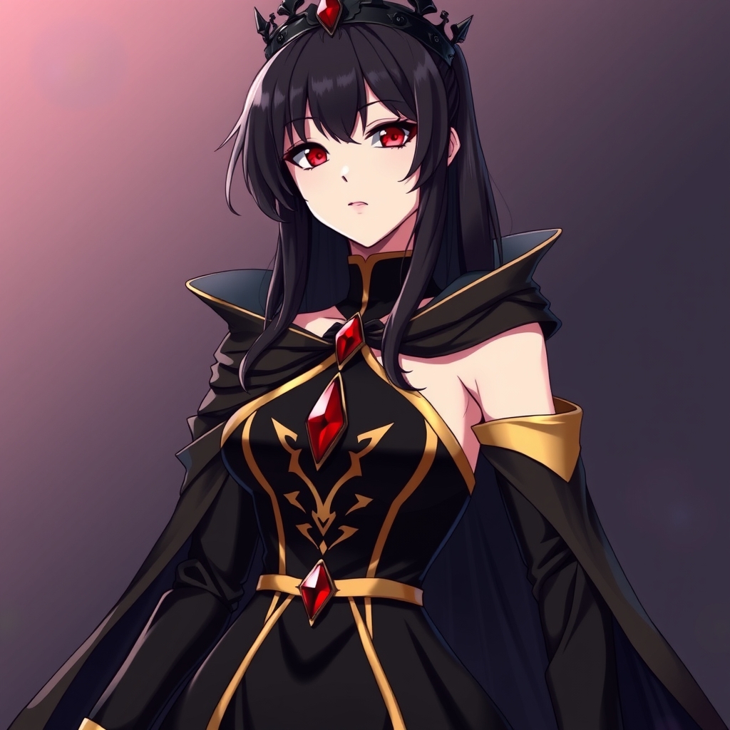 یک ملکه انیمه ای با رژلب قرمز آلبالویی مو های سیاه زغالی چشم های برنگ قرمز و مشکی لباسی مشکی طلایی بهمراه شنل تاجی مشکی و لماس قرمز17
