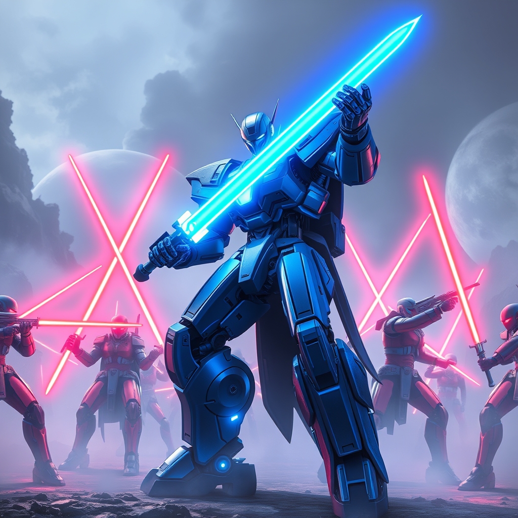 یک ربات با نورهای نئون آبی و با شمشیر لیزری آبی پر رنگ در حال مبارزه با ربات هایی که نور های قرمز دارند و با شمشیر لیزری قرمز هستند و در آخر ربات با نور های آبی پیروز میشود20