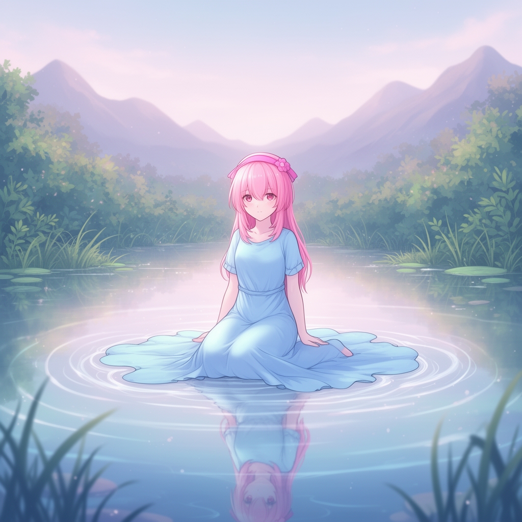 دختر انیمه نشسته در برکه با موهای صورتی بند و پیراهن آبی7