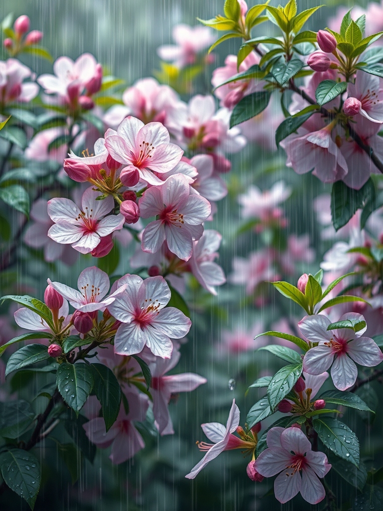 باران که در طبیعت زیبا و سرسبز و شکوفای صورتی و سفید  و قطره های باران برو ی شکوفه ها و برگ های درختان و بوی خاک خیس خورده زیبایی اینجا را دو چندان کرده است به سبک پست امپرسیونیسم 4