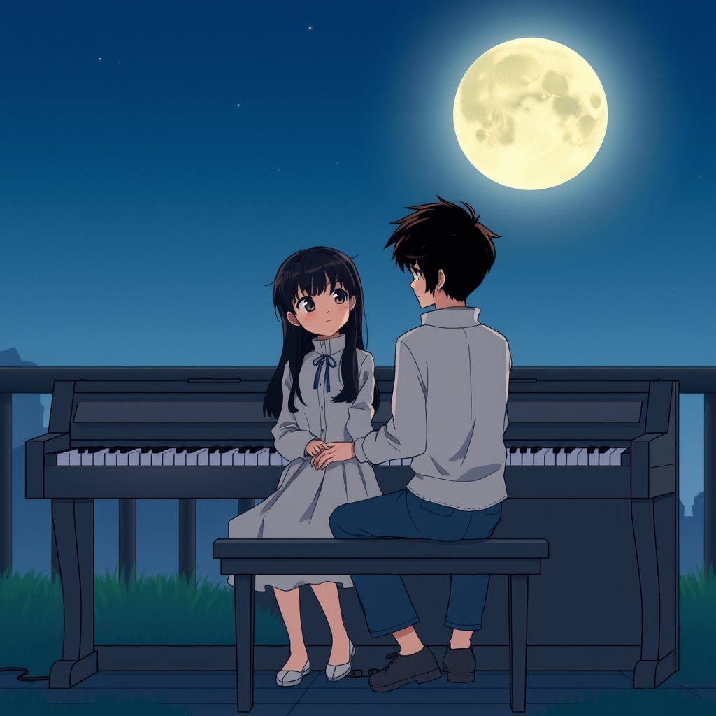 در یک شب ارام با ماه کامل یک دختر با موی بلند و مشکی کنار یک پسر زیبا روی صندلی پیانو نشستند و باهم در شب ارام پیانو میزنند1