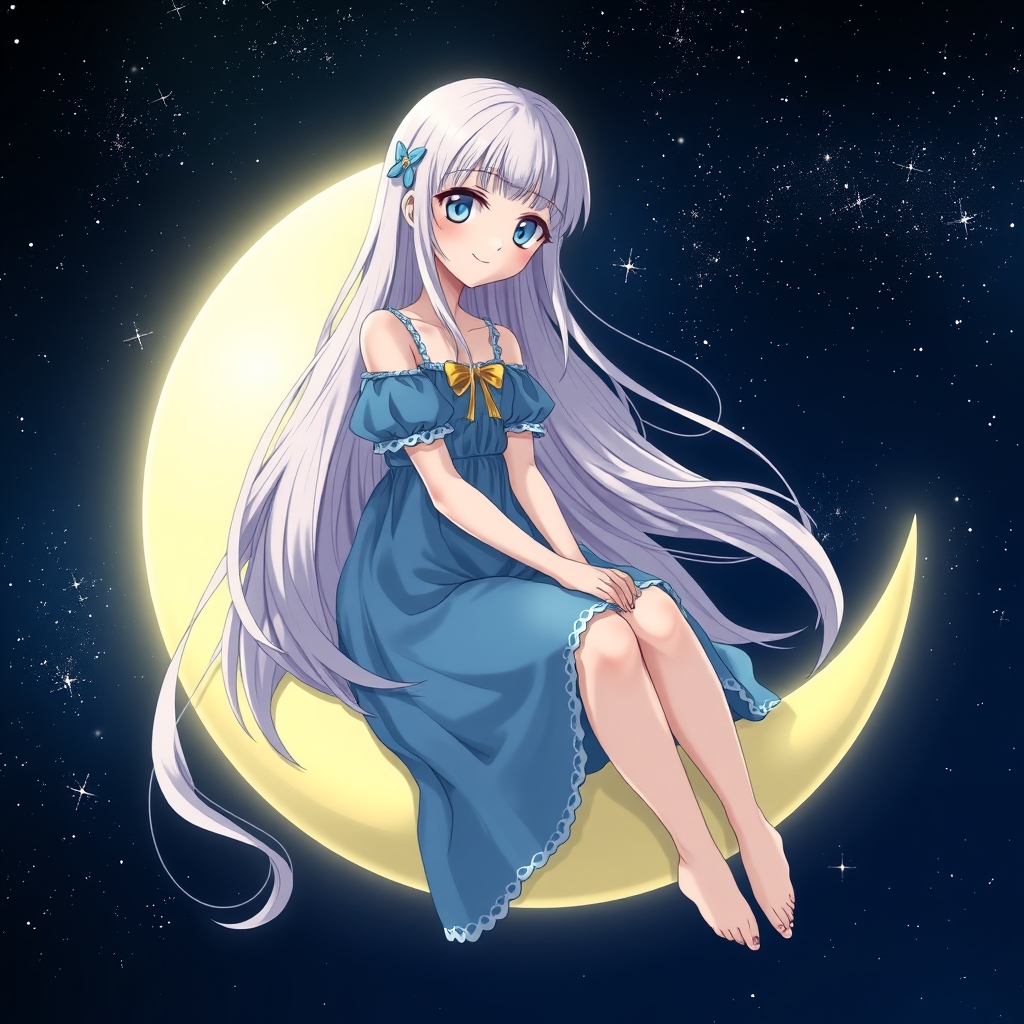یک دختر با موهای بلند صورتی و لباس آبی و روی ماه نشسته6