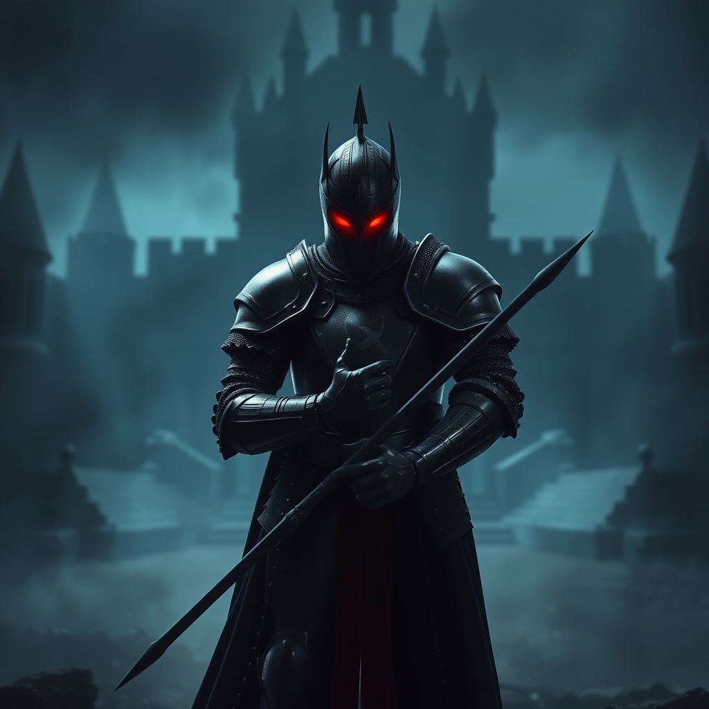 یک شوالیه سیاه نیزه به دست با چشم های قرمز در قلعه ای تاریک مخوف و مه آلود 16