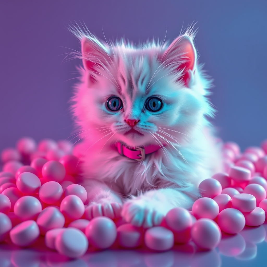  بچه گربه ی سفید با پاستیل های صورتی و قلاده ی صورتی 
5