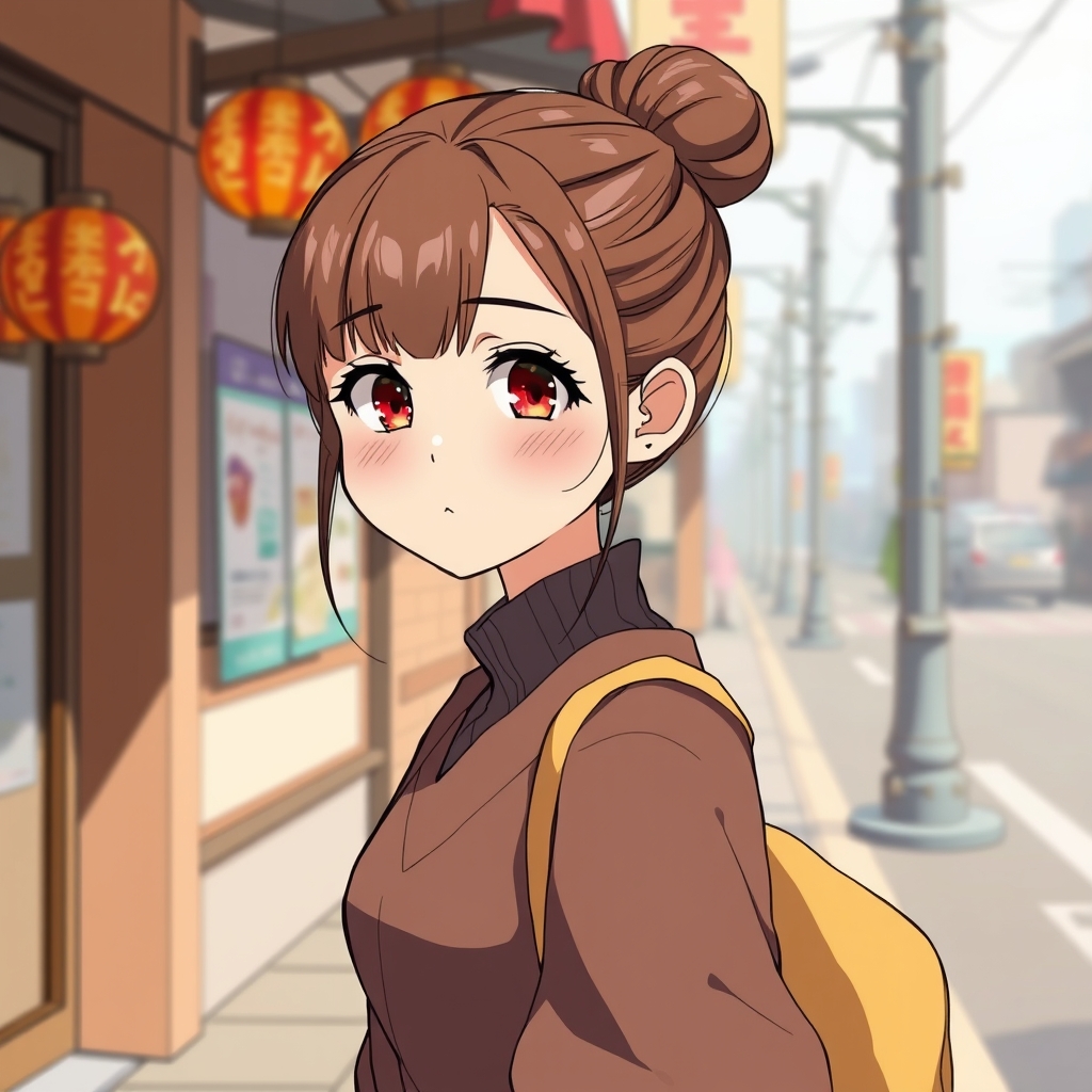 یه دختر ناز کره ای با چشای قرمز اکلیلی موهاش گوجه ای بسته شده باشه رنگ موهاش بلوند تیره مایل به قهوه باشه لباسش👘 باشه توی خیابان سئول در کره درحال راه رفتن باشه8
