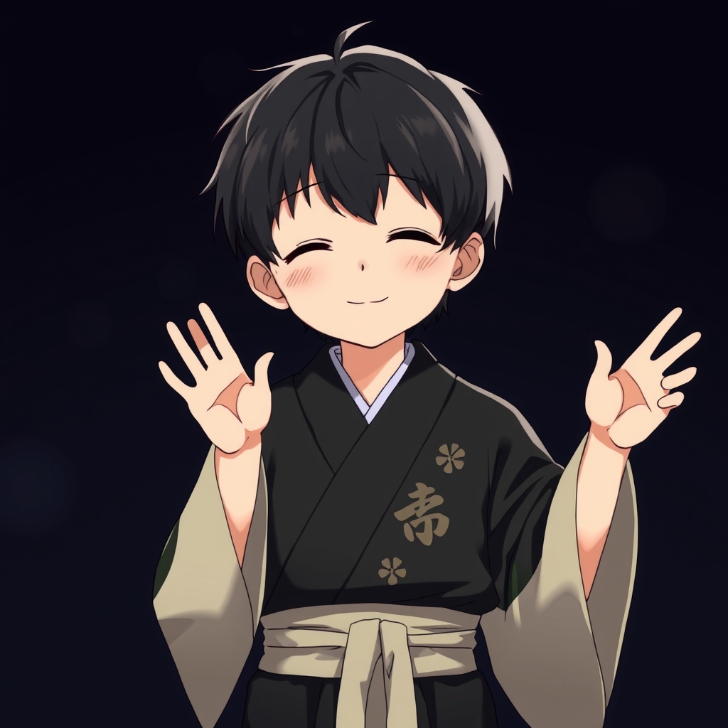 پسری ۱۰ ساله با موهای کوتاه مشکی و با یک لباس سنتی ژاپنی آن پسر وایساده و چشم هایش بسته است به معنای آخ جون و دستاش به رو به بالا است به معنای گفتن آخ جون او دارد اولین عکسش را می‌گیرد او در یک آتلیه است ولی همه جا مشکی است و هیچکی آنجا نیست یعنی هست ولی دوربین آنها را نشان نمی‌دهد. لباس او یه لباس سنتی مشکی با کت رمز و علامت‌های عجیب و غریبی روی آن کت به رنگ کرمی او یک مقدار خجالت می‌کشد و لوپ‌هایش سرخ شده. یک پسر بچه کوچولو که برای اولین بار داره عکس می‌گیره او لبخند می‌زند14