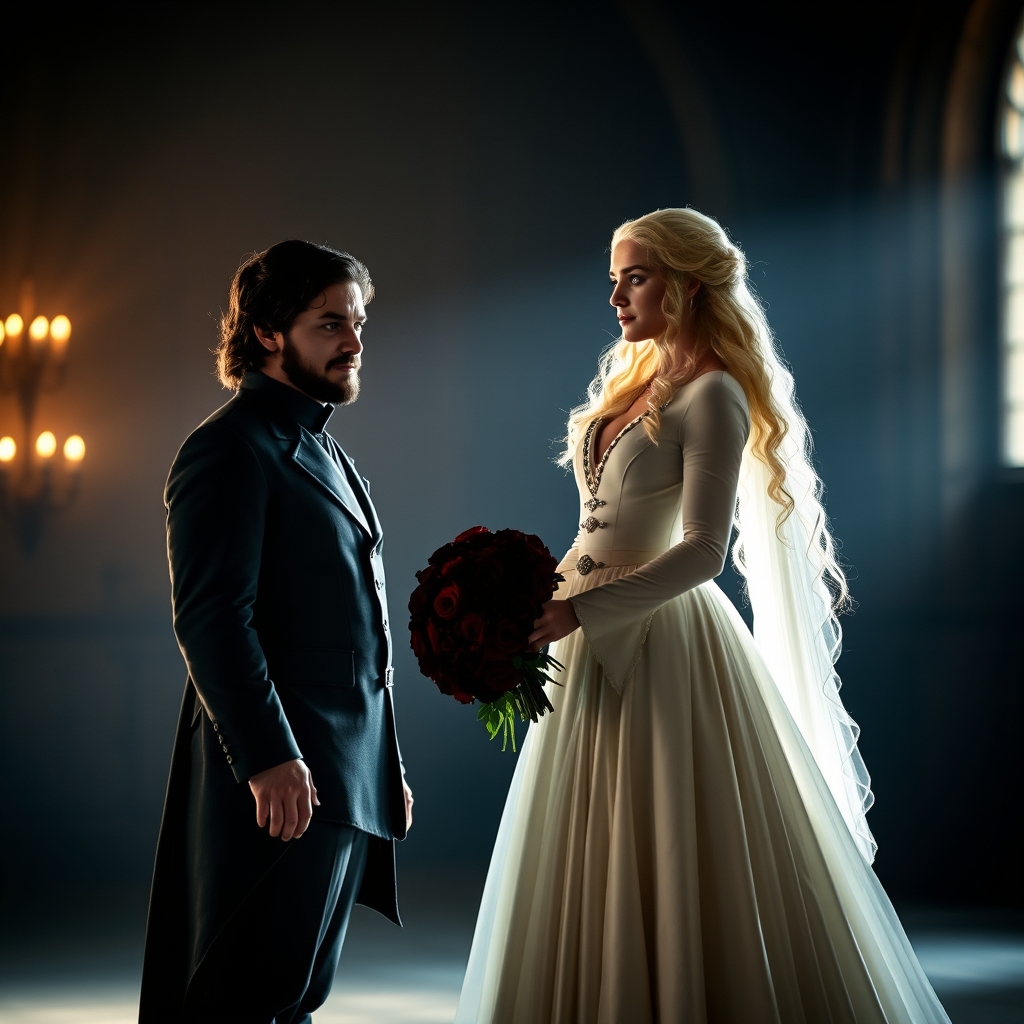 جان اسنو با کت و شلوار دامادی و دنریس تارگیرین در لباس عروس و دستته گل رز 
کنار هم17