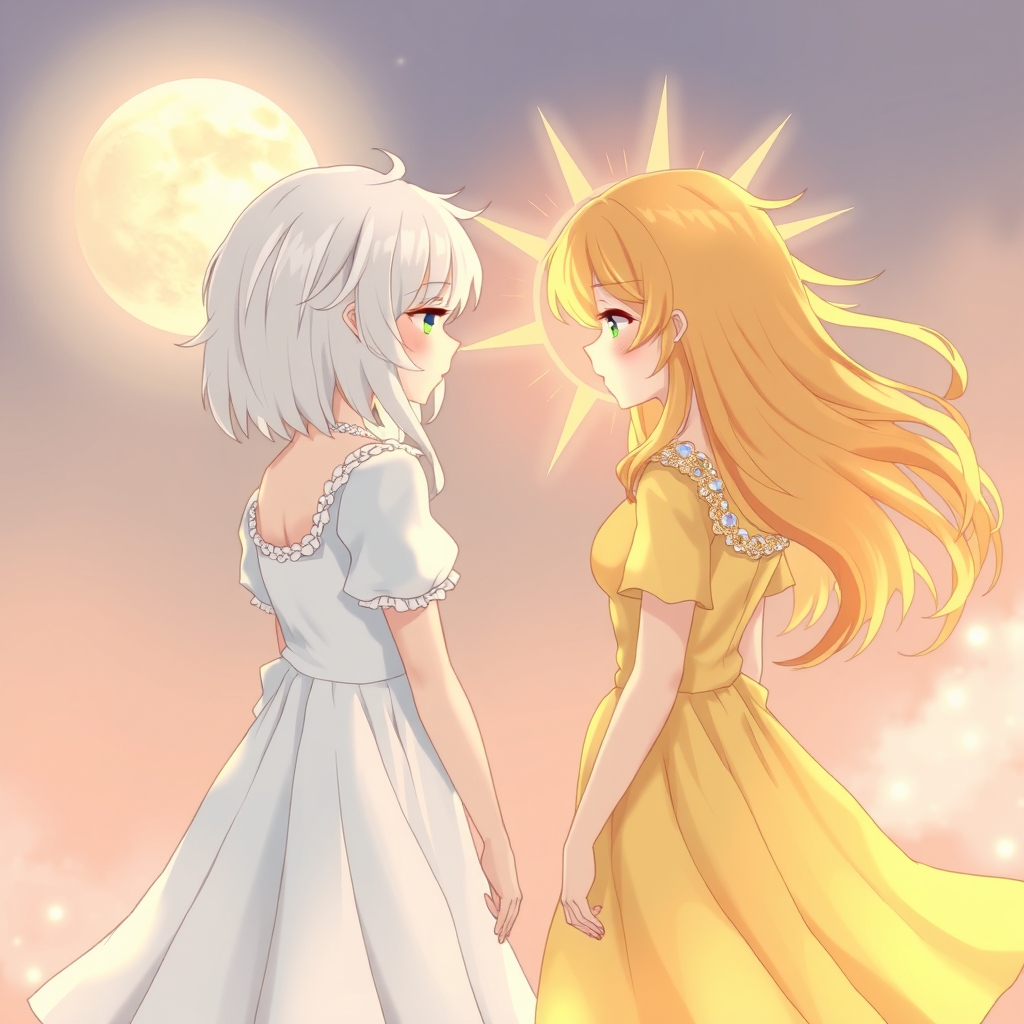 عکس دو دختر که یکی از آنها سمت ماه است ولباس سفید به تن دارد و موهای سفید دارد و آن یکی سمت خورشید است و لباس زرد به تن دارد و موهایش زرد است18