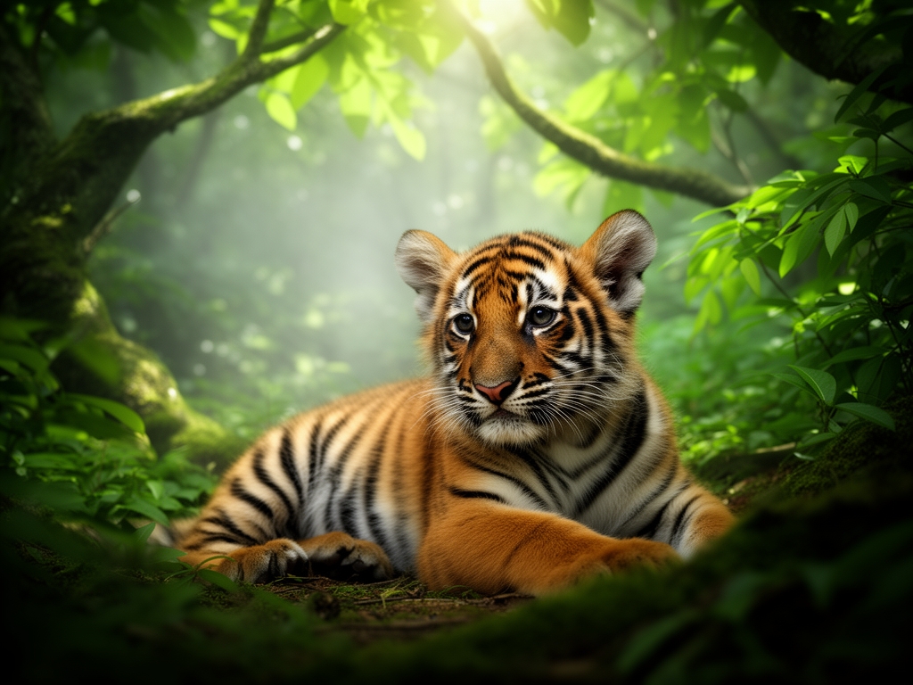 یک توله ببر کوچک در یک جنگل سر سبز دراز کشیده ولی به دوربین نگاه نمی‌کند اما صورت‌ش دیده میشود. بسیار بسیار واقع گرایانه 5