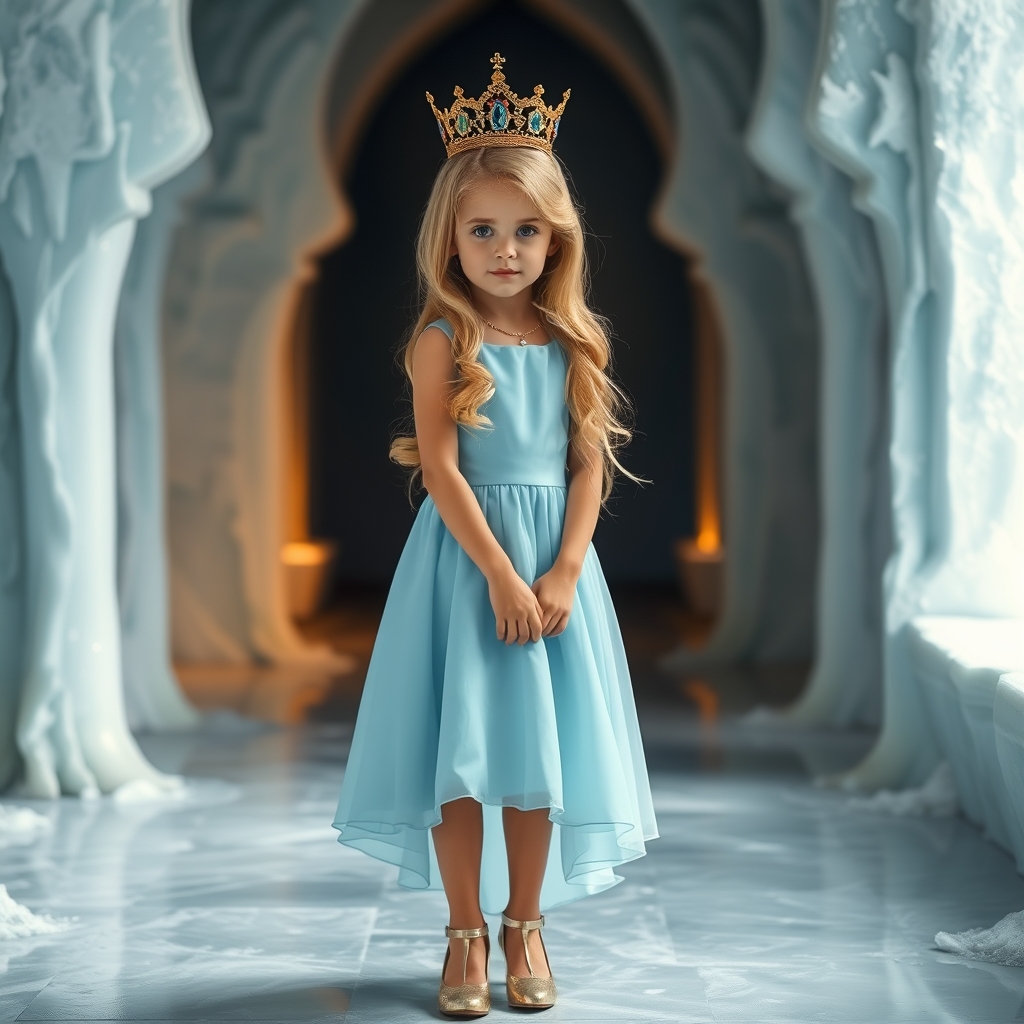یه دختر د یک قصر یخی ، با لباس پرنسسی ابی اسمانی ، چشمان ابی ، کفش براق پاشنه بلند ، موهای بلند طلایی ، تاجی به رنگ طلایی ، 20