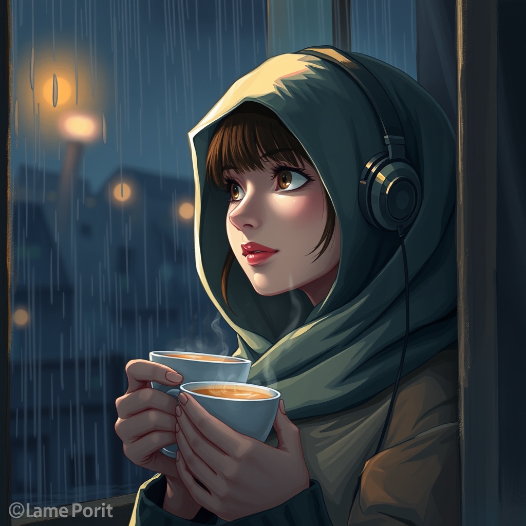 شب است وباران میبارد و ازپشت پنجره خانومی هدفون درگوش دارد و در دستش فنجانی قهوه داغ است به باران خیره شده است18