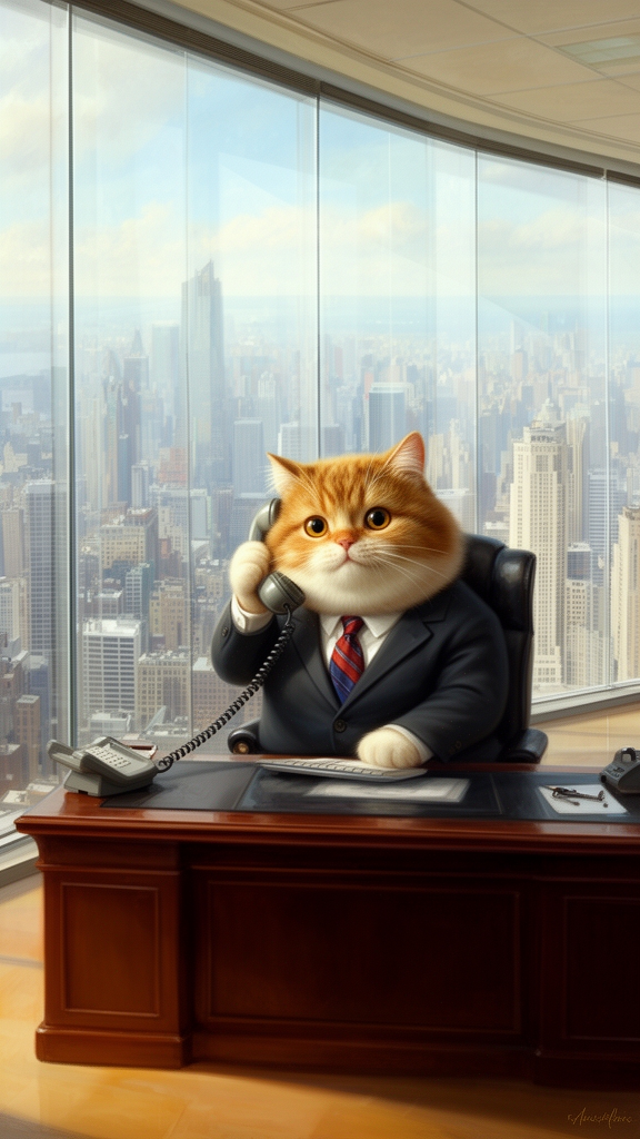 گربه‌ای چاق و بامزه با کت و شلوار رسمی و کراوات که پشت میز مدیریت نشسته و با تلفن صحبت می‌کند، دفتر کار شیشه‌ای در آسمان‌خراش.2