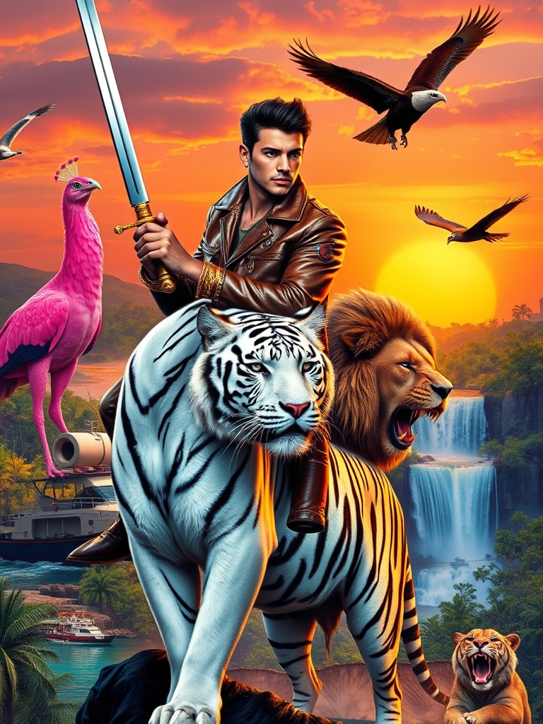 عکس پروفایل خودم شمشیر به دست با کاپشن چرم قهوه ای بَراق گردن بند و دستبند طلا سوار بر شیر نرِ سفید طوطی کاکل دار روی کِتفم مار شاه کبری دورِ گردنم در کنار طاووس نرِ صورتی با دُم باز کنار دایناسور و پلنگ بزرگ و عقاب بزرگ درحال پرواز درارتفاع کم ونزدیک ما جِلوی آبشار نیاگارا و قایق و جنگل آمازون سرسبز با درختان استوایی در غروب 2