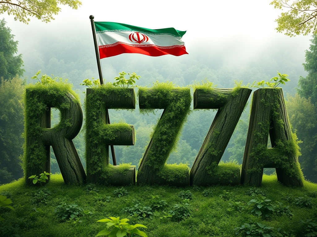 نام REZA نوشته شده با تنه درخت هر درخت به شکل یک حرف باشد، در یک مکان رویایی و سرسبز پرچم ایران بالای نام نوشته شده.11