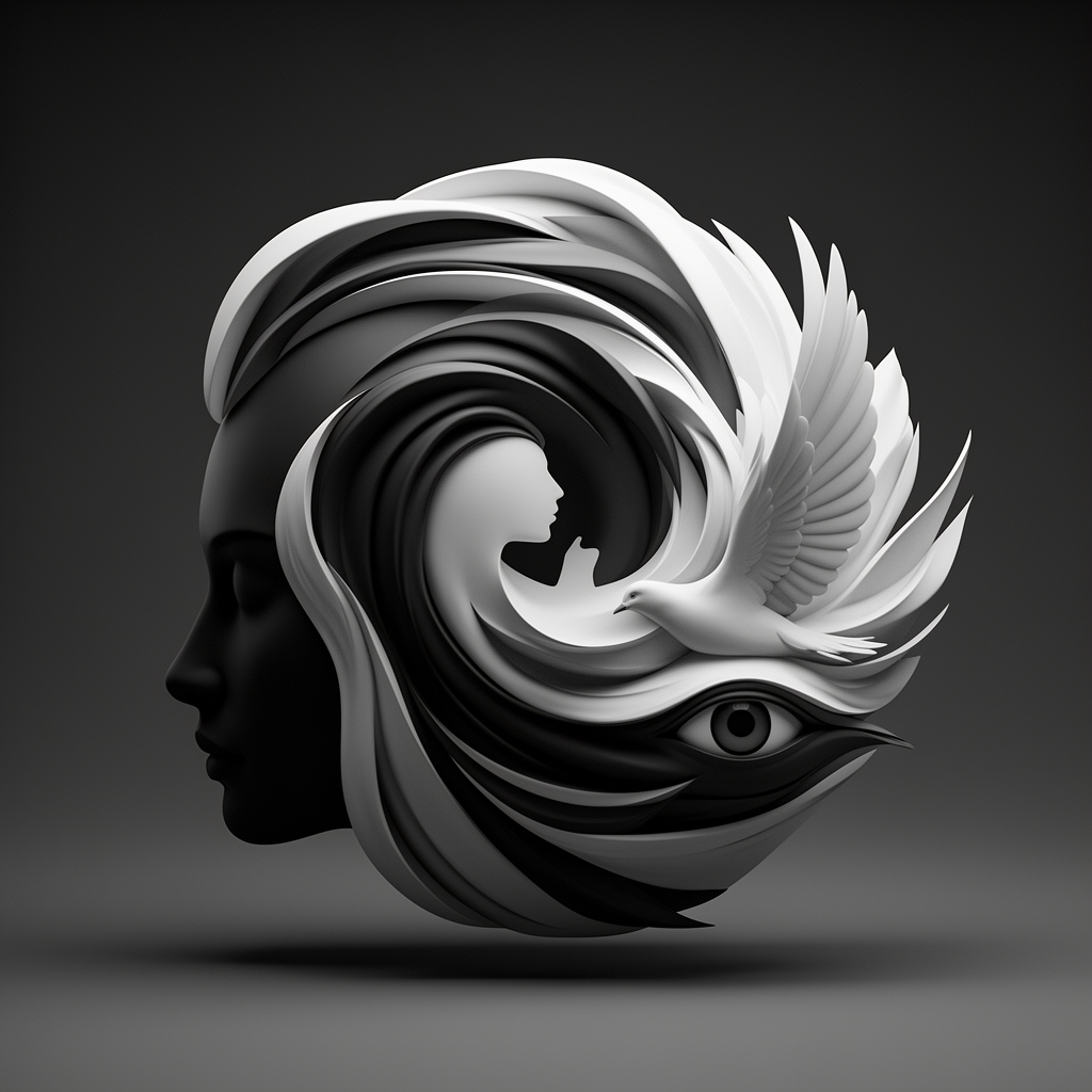 The image is a black and white abstract artwork featuring a woman with an eye and a bird, blending into each other in a swirling, flowing pattern.1