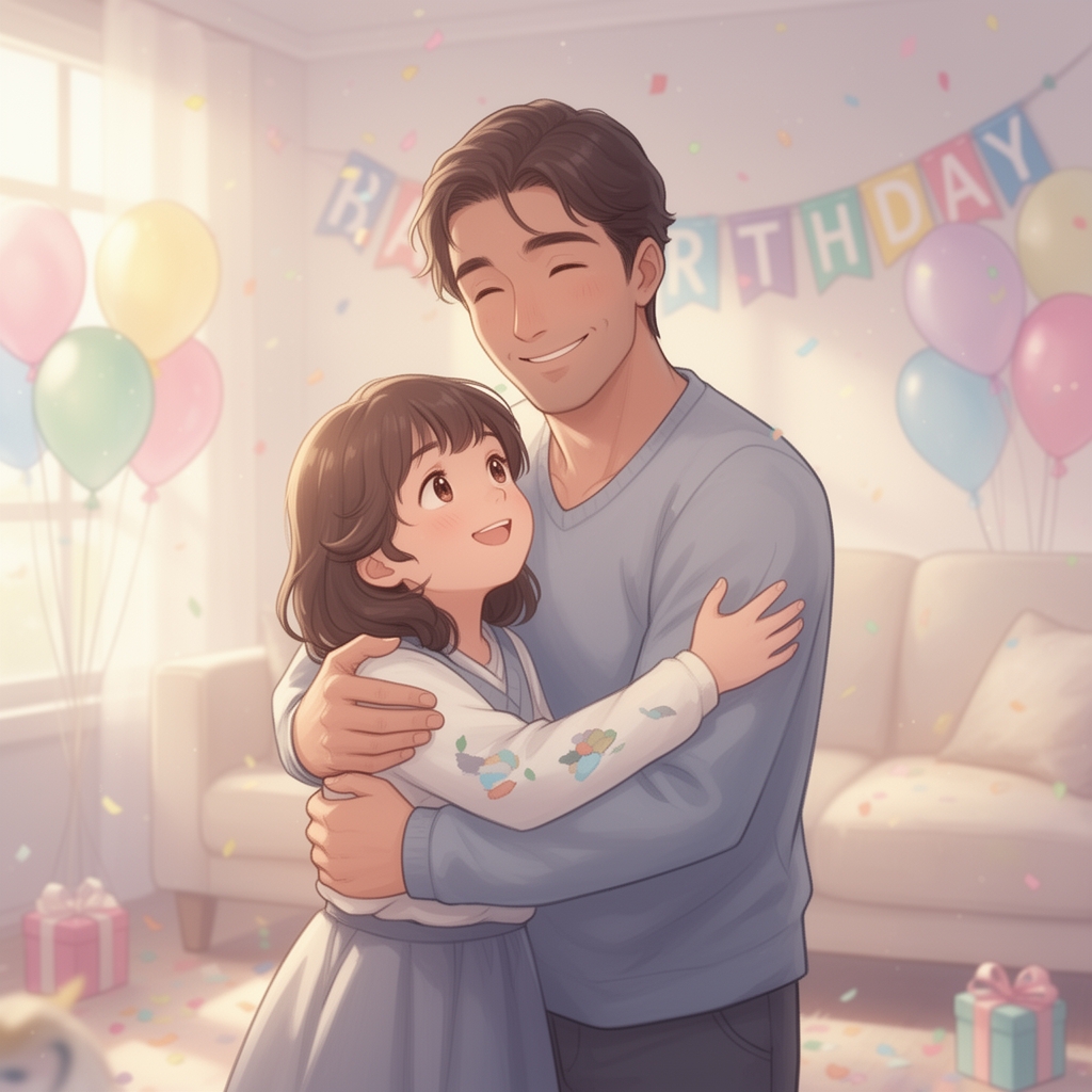 دختری که پدرش   را بغل کرده و میگوید روزت مبارک
3