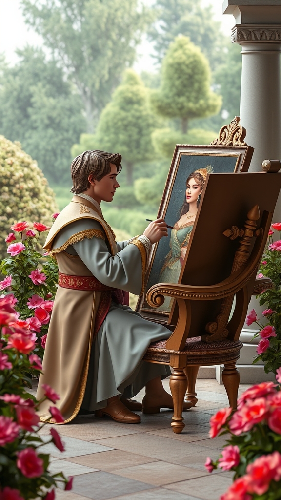 یک شازاده که  توباغ گل قصر نشسته رو صندلی جلویی بوم نقاشی و داره عکس عشقشو میکشه 
11