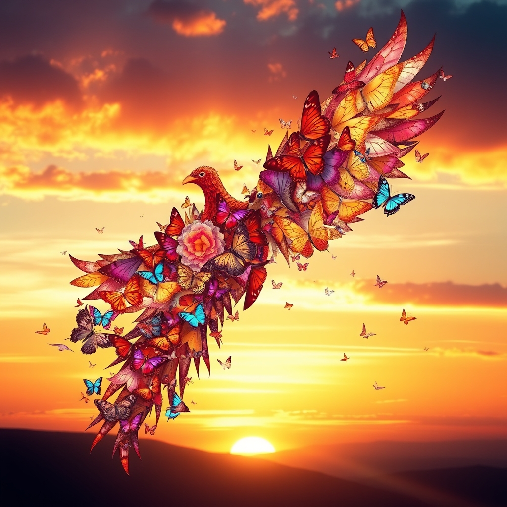 یک ققنوس ساخته‌شده از پروانه‌های رنگارنگ، در حال پرواز در برابر آسمان غروب.14