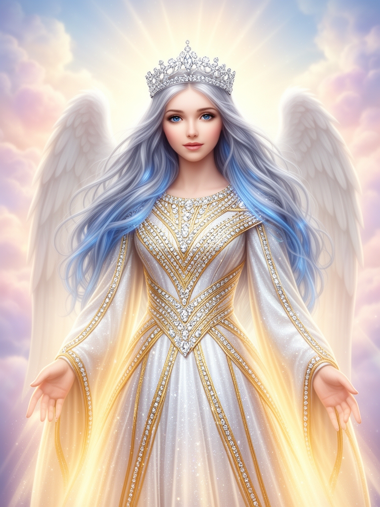 فرشته ای پاک و زیبا با لباس های نورانی که پر از الماس هس و تاجی نازک. بسیار زیبا از جنس الماس بر سر نهاده و چهره اش به قدری زیبا هست که نمیتوان چشم از ان برداشت و رنگ چشمانش از رنگ رود زلال و رنگ لباس ها هم در ان طلا هم به کار برود رنگ موهایش به رنگ نقره مایل به ابی کامل دیده شود 2