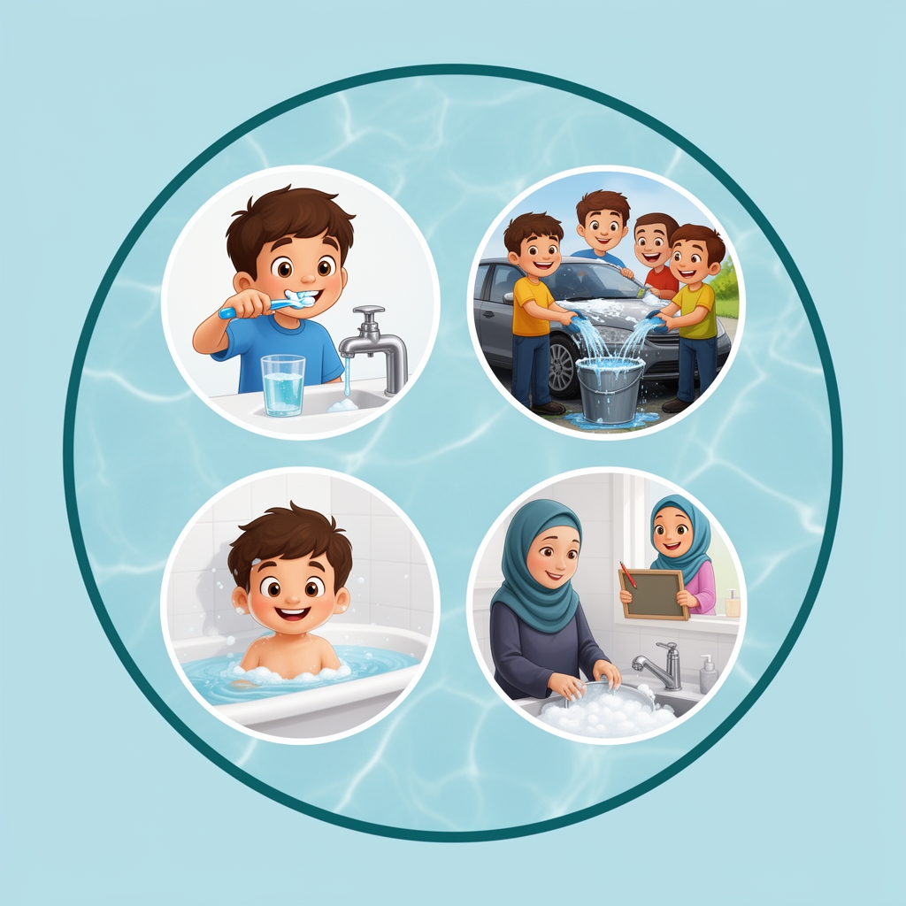 میخوام پوستر باشه که انواع مختلف صرفه جویی در مصرف آب باشه)چهر دایره باشه اولین دایره عکس یه پسر بچه که داره مسواک میزنه و در لیوان آب ریخته و شیر را بسته و خوشحال است دومین دایره عکس سه مرد که داره ماشین خود را میشوره و آب را داخل سطل ریخته و خوشحال است عکس یه پسر بچه است که دارد حمام میکند دیگری دایره عکس یه مادر باحجاب که داره ظرف های خانه را میشویه و سینک را پر آب و کف کرده و بالای تصویر سمت راسته یه دختر بچه با حجاب باشه که در دست او تخته شاسی و مداد است و خوشحال است و دادرد در آن چیزی مینو5