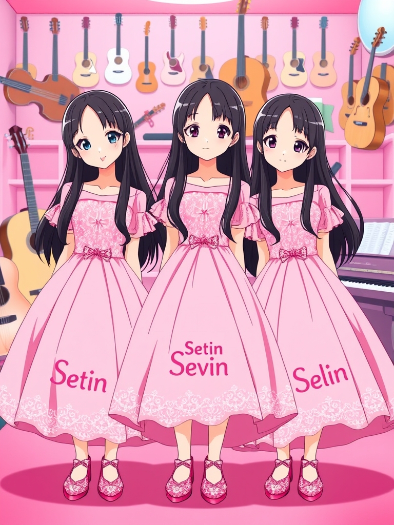 سه دختر سه قلو و شبیه هم که لباس هر سه تاشون صورتی و دامن دار و اکلیلی و براق و مانند پرنسس ها است و مو های خیلی بلند و مشکی دارند و کفش های صورتی و اکلیلی و براق دارند و لبخندی ملایم و لب های سرخ دارند و پشت سر آنها اتاق صورتی است که پر ار از گیتار و ویولن و یک پیانو است 🎻🎸🎹و اسم یکیشون setin است که روی لباسش نوشته شده و اسم یکیشون sevin است که روی لباسش نوشته شده است و اسم یکیشون selin است که روی لباسش نوشته شده است 10