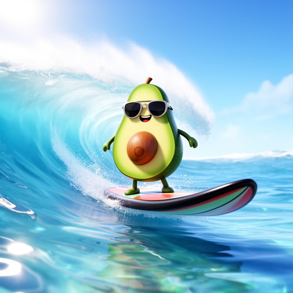 یک آووکادوی کارتونی و بامزه که عینک آفتابی زده و روی تخته موج‌سواری در اقیانوس است، موج‌های آب آبی و شفاف، سبک سه بعدی.17