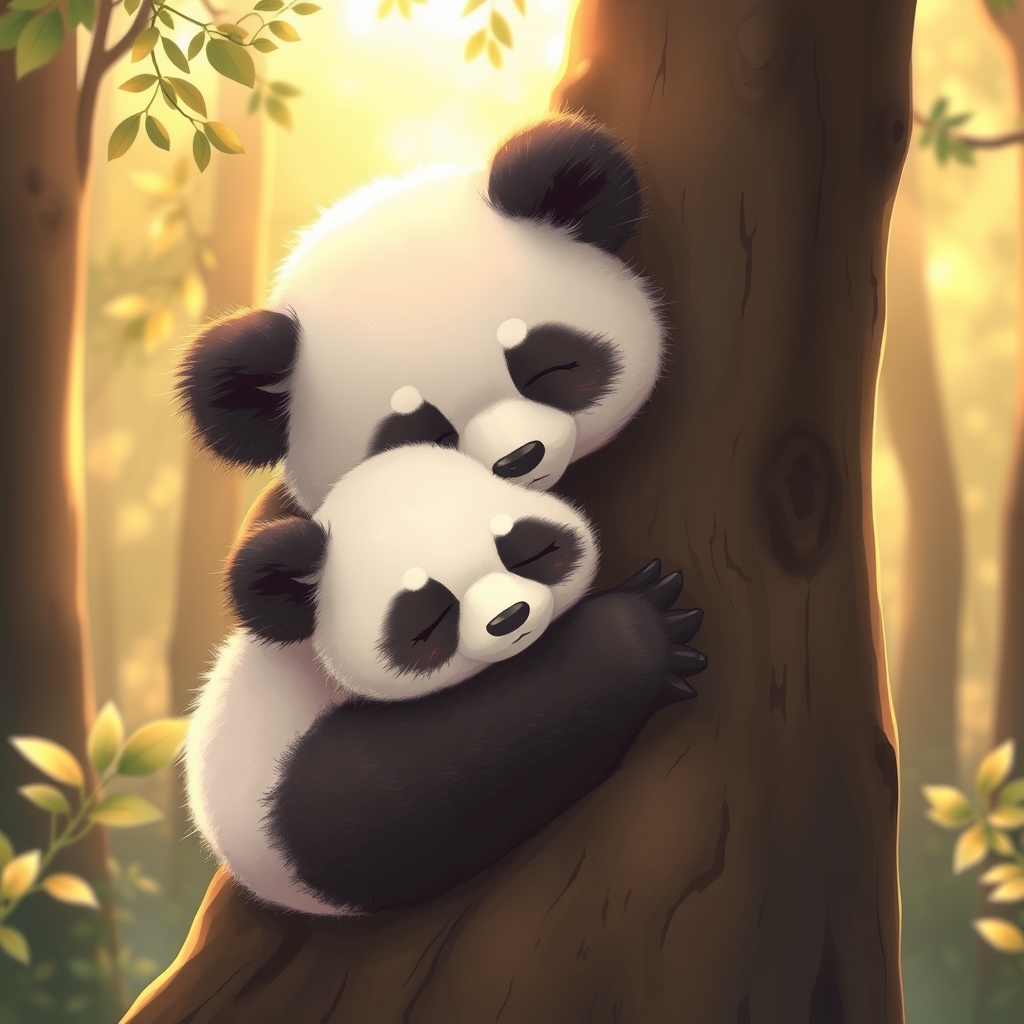 یک پاندا کوچولو که مامانش اونو بغل کرده تو بغل مادرش خوابیده روی یک تنه درخت4