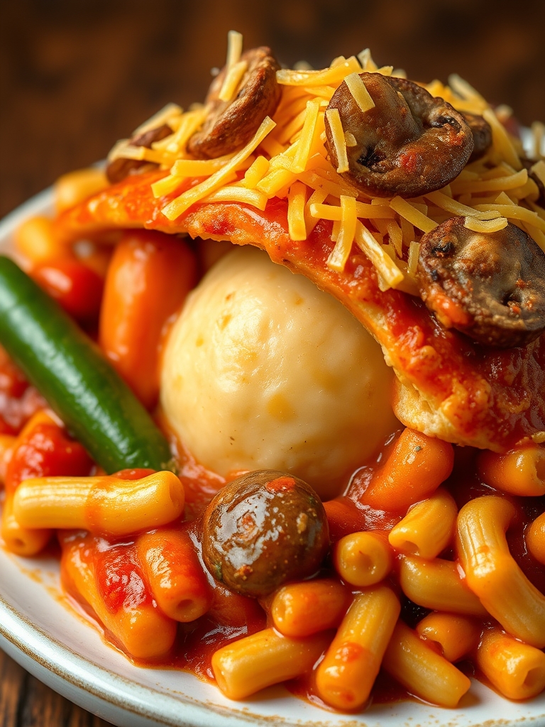 یک ماکارانی بسیار خوشمزه و لذیذ که سس قرمز خوشمزه ای دارد وسط آن کوفته قلقلی دارد و کنارش سه تا سبزی دارد و پنیر پیتزای بسیاز لذیذی دارد و خیلی از ظاهرش پیداست که خوشمزه و دلپذیر است و قارچ و پنیر پیتزا دارد3