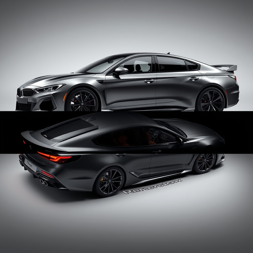 یک خودرو ی سدان زیبا طراحی کن با طراحی تهاجمی و خشن که رنگ طوسی داشته باسه و نمای جلو کنار و عقب و داخلش هم نشون بده13