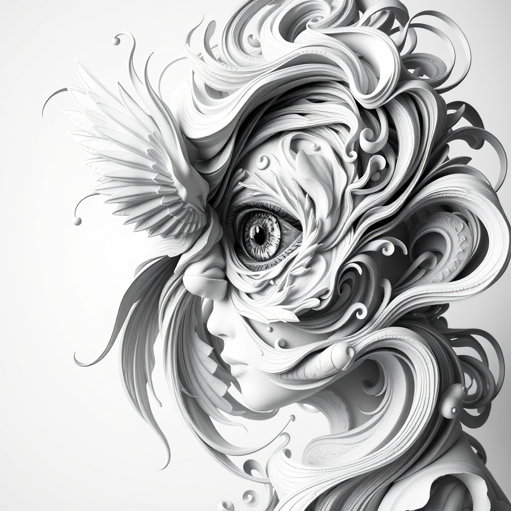 The image is a black and white abstract artwork featuring a woman with an eye and a bird, blending into each other in a swirling, flowing pattern.8