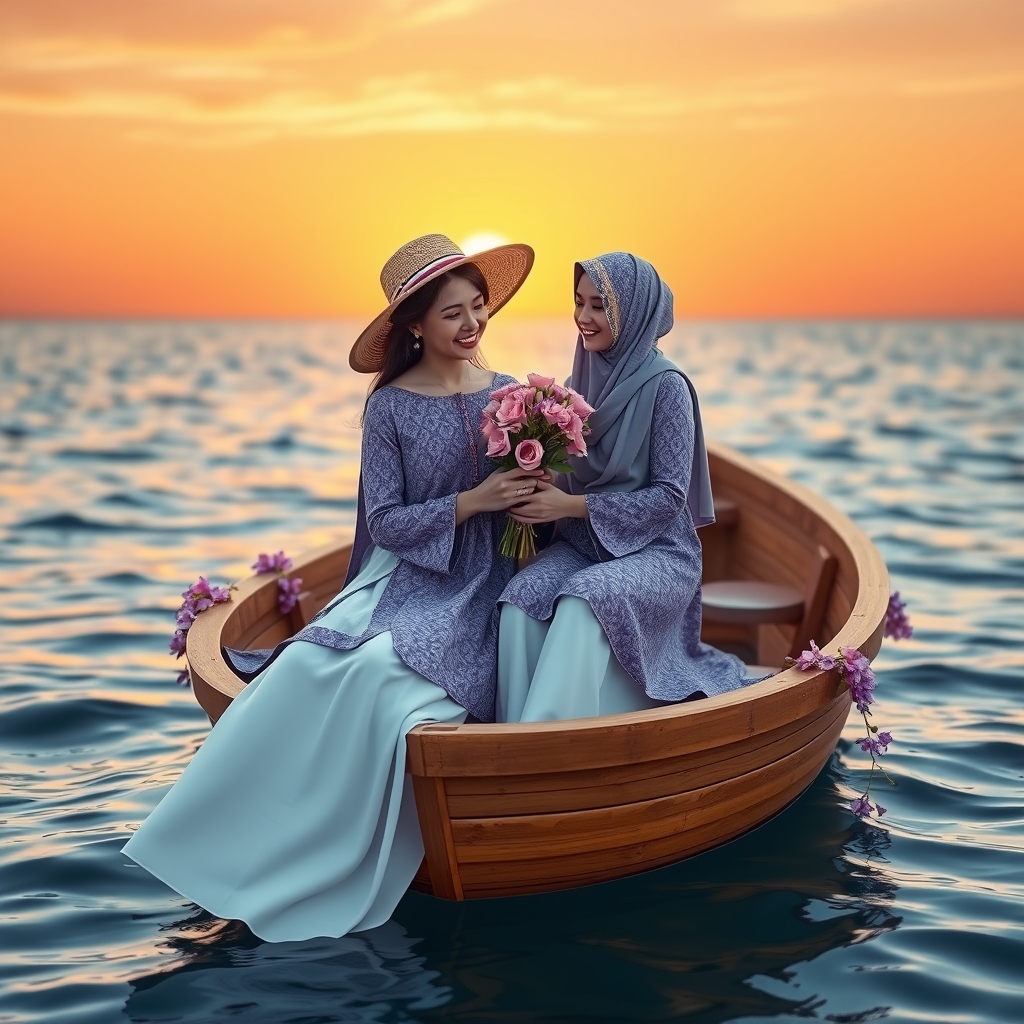 روز مادر زیبا و رویایی سبک تصویر سه بعدی مادر با کلاه لبه دار زیبا و لباس آستین دار سفید و دامن بلند صورتی در لبه ی قایق چوبی زیبا نشسته و دختر نوجوان با لباس بنفش طرح دار و شلوار سفید در آن لبه ی قایق نشسته و دسته گلی صورتی به مادر تقدیم کرده و مادر بسیار هیجان زده و خوشحال شده و آنان با قایقشان در دریا هنگام غروب آفتاب هستند موهای مادر با کلاهش و موهای دختر با شالش پوشانده شده و در قایقران گل های بنفش قرار دارد9