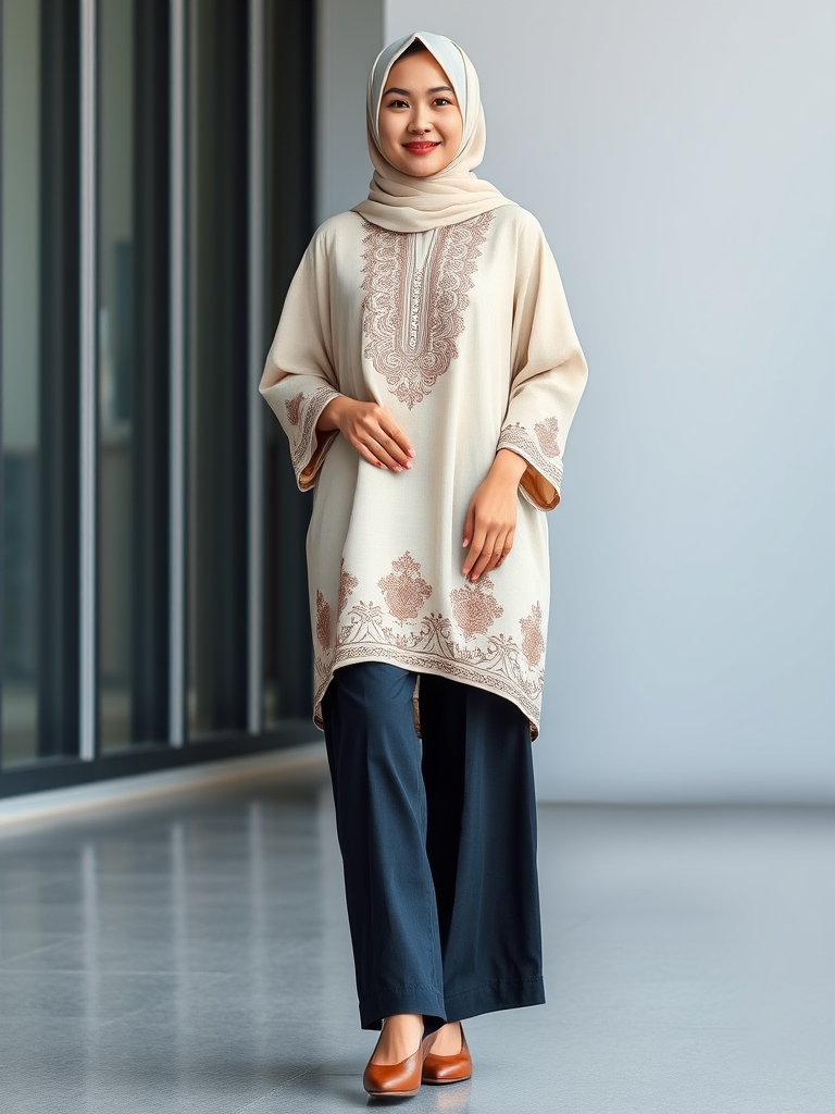 مانتو  زنانه  ایرانی تا زانو و با حجاب روسری یا مقنعه و روشن و شاد با طرح نسبتا پیچیده و شلوار کتان با رنگ تیره یا جین بلند تا روی کفش ادامه داشته باشد و کفش های متناسب مجلسی  و با پس زمینه مدرن15