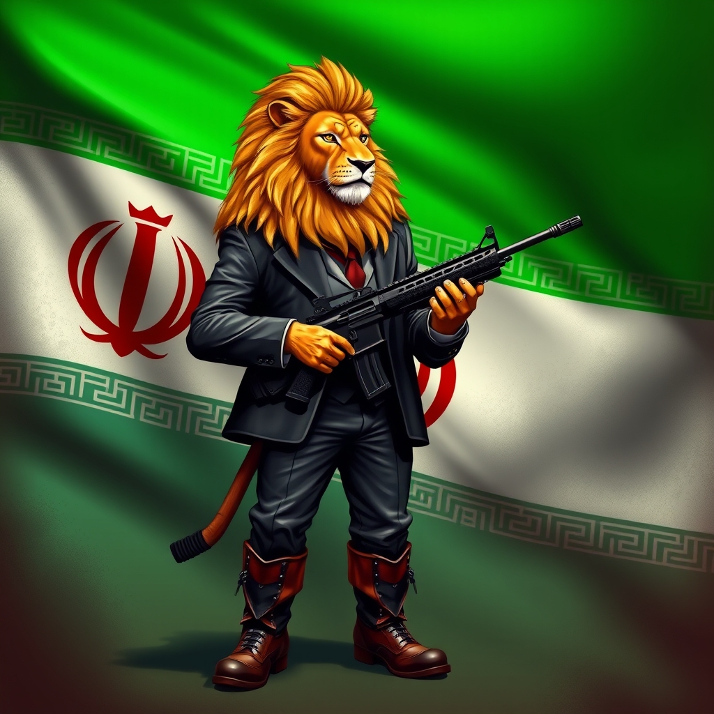 یک شیر با کت و شلوار چکمه و تا بن دندان مسلح پس زمینه پرچم ایران با دقت جزییات5
