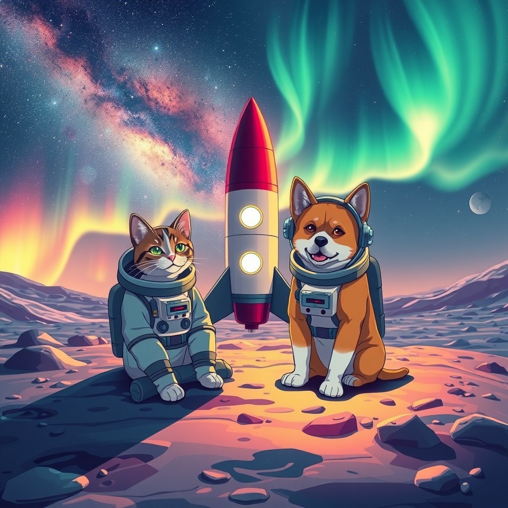 A photo of an astronaut cat and dog with a rocket next to them, sitting on the moon, in a very beautiful galaxy, the stars are shining, the Milky Way is in the picture, and there are auroras in the sky, in anime style💫✨🌜🪐☄️🐶🐱10