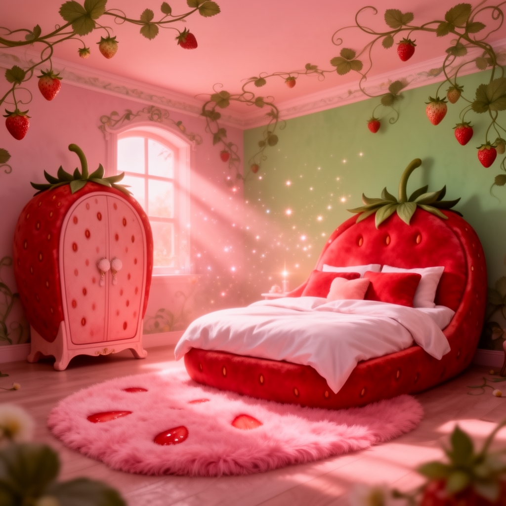 اتاق توت فرنگی، تخت توت فرنگی، کمد توت فرنگی، فرش پشمالو نرم صورتی توت فرنگی 5