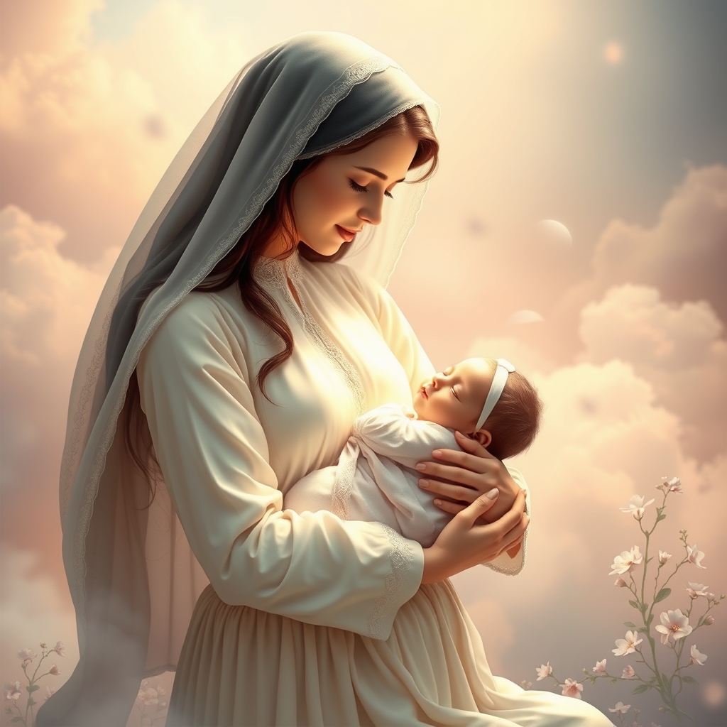 مادری زیبا در بهشت که نوزاد خودرا درآغوش گرفته 1