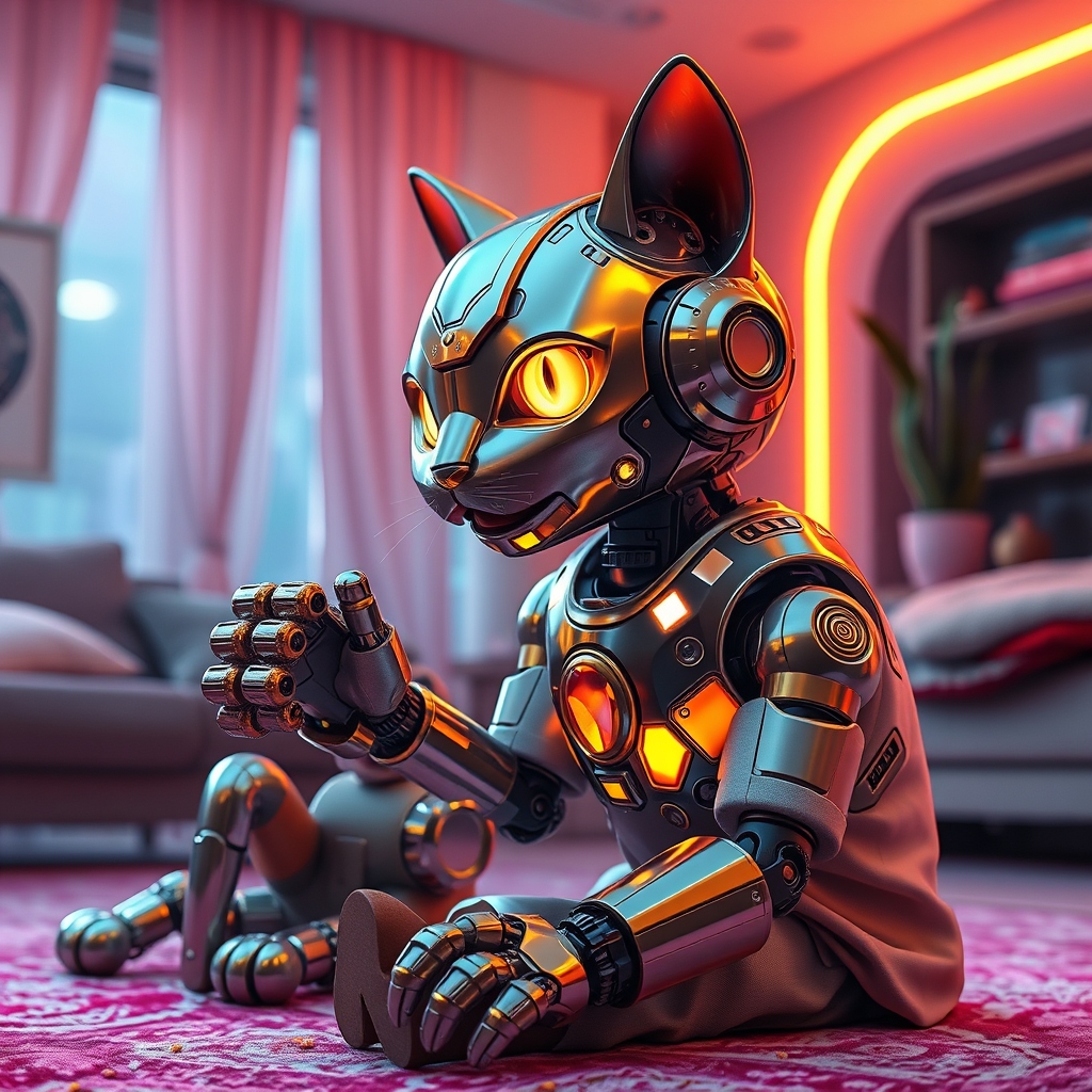 یک گربه ربات بازیگوش با خز فلزی براق، در حال تعامل با یک کودک در یک اتاق نشیمن آینده‌نگر که در حال پیدا کردن طلا است برای آی نسل آینده1